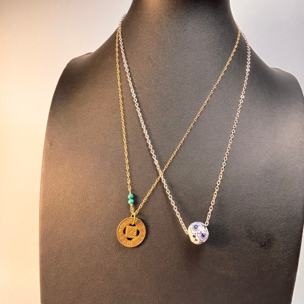 Necklace Set‎ Gold Silver Transit Token Ceramic Bead Boho Vintage Whimsygoth